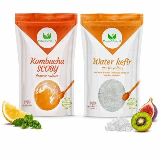 Sachets Natural Probio de SCOBY de kombucha et de grains de kéfir d'eau, deux des trois cultures du kit complet